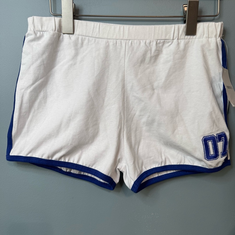 Forever 21 Cherry Mellow White Ringer Dolphin Shorts Blue Trim Varsity NWT Large